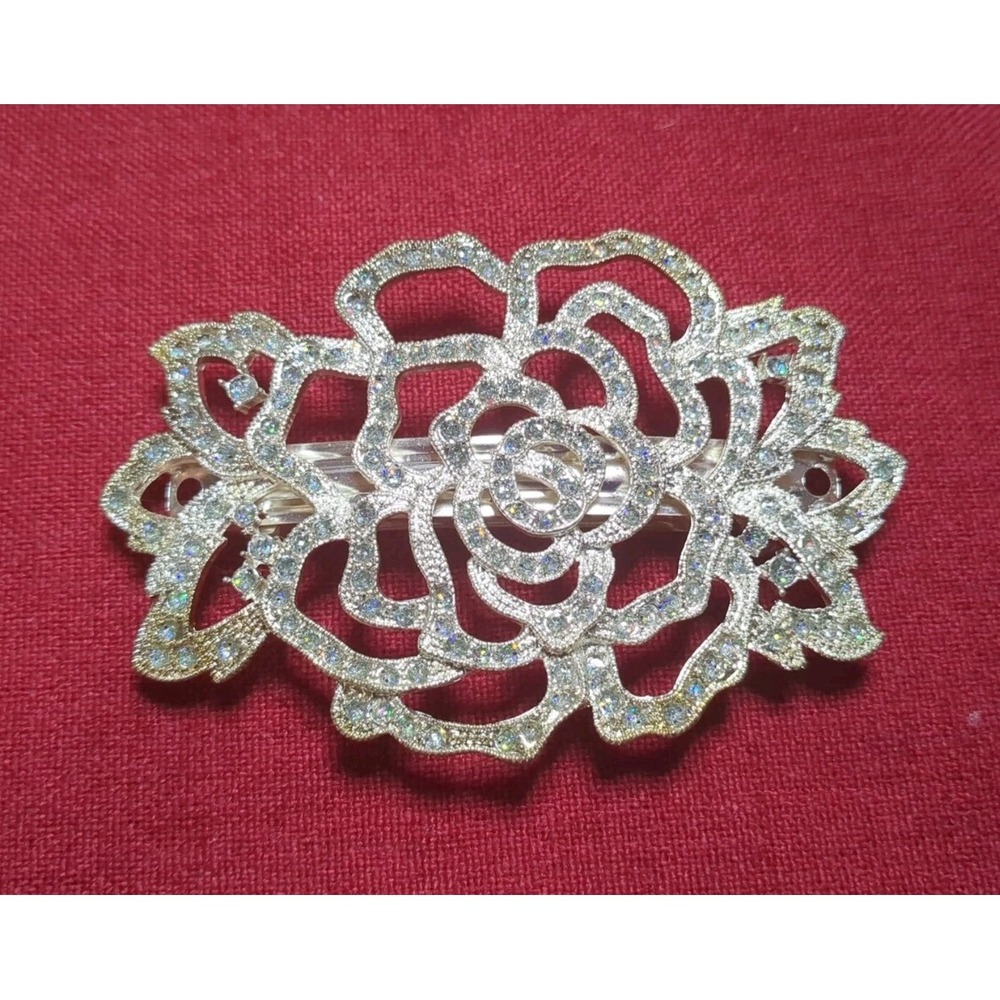 Vntg Style Large Rhinestone Rose Flower Hair Barrette Clip Wedding Formal Prom